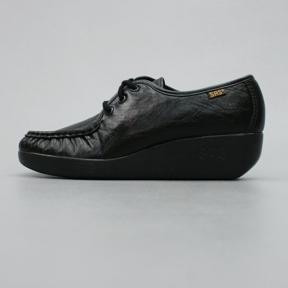 SAS Ladies 6.5 N Narrow Siesta Loafers Black Leather Comfort Wedge Moccasins USA - Picture 2 of 12
